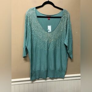Elle Mint Green With Gold Sequins Lightwight Knit Blouse V Neck Size L NWT